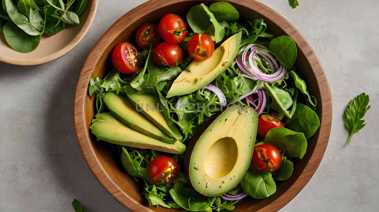 A wooden bowl filled with a vibrant salad featuring fresh avocado slices, cherry tomatoes, red onion, and spinach, against a light grey background.