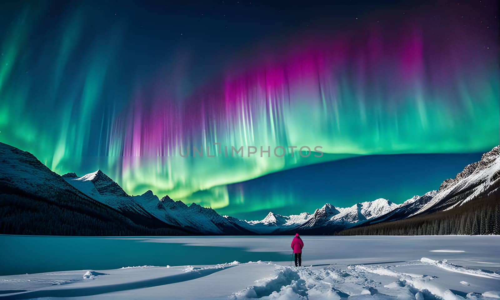 A lone person stands on a frozen lake in the Canadian Rockies, gazing up at a vibrant display of the Northern Lights. The sky is filled with swirling green and pink lights, creating a stunning and ethereal spectacle. The mountains in the background are covered in snow, adding to the sense of wonder and awe.