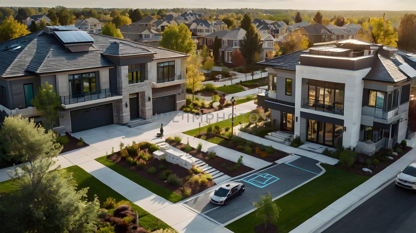 An aerial view shows two modern, grey and white houses in a suburban neighborhood, with a self-driving car parked in the driveway. The houses are surrounded by lush green lawns, trees, and walkways. The sun shines brightly in the sky, casting long shadows.