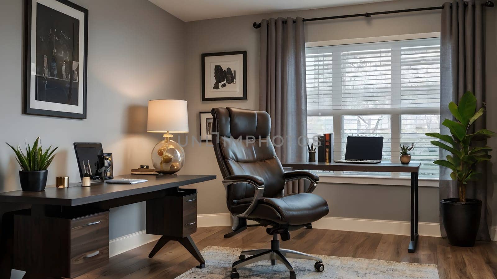 A well-lit home office with a large, dark desk, a leather office chair, and a laptop. Gray curtains and blinds provide privacy and light control. A plant on the desk, a lamp on the desk, and a plant in the corner add a touch of natural color to the room.