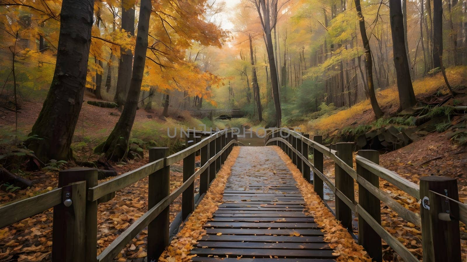 A wooden bridge, covered in fallen leaves, leads into a misty forest. The trees are a vibrant yellow and orange, indicating the autumn season. The path ahead is shrouded in mist, adding an element of mystery to the scene.