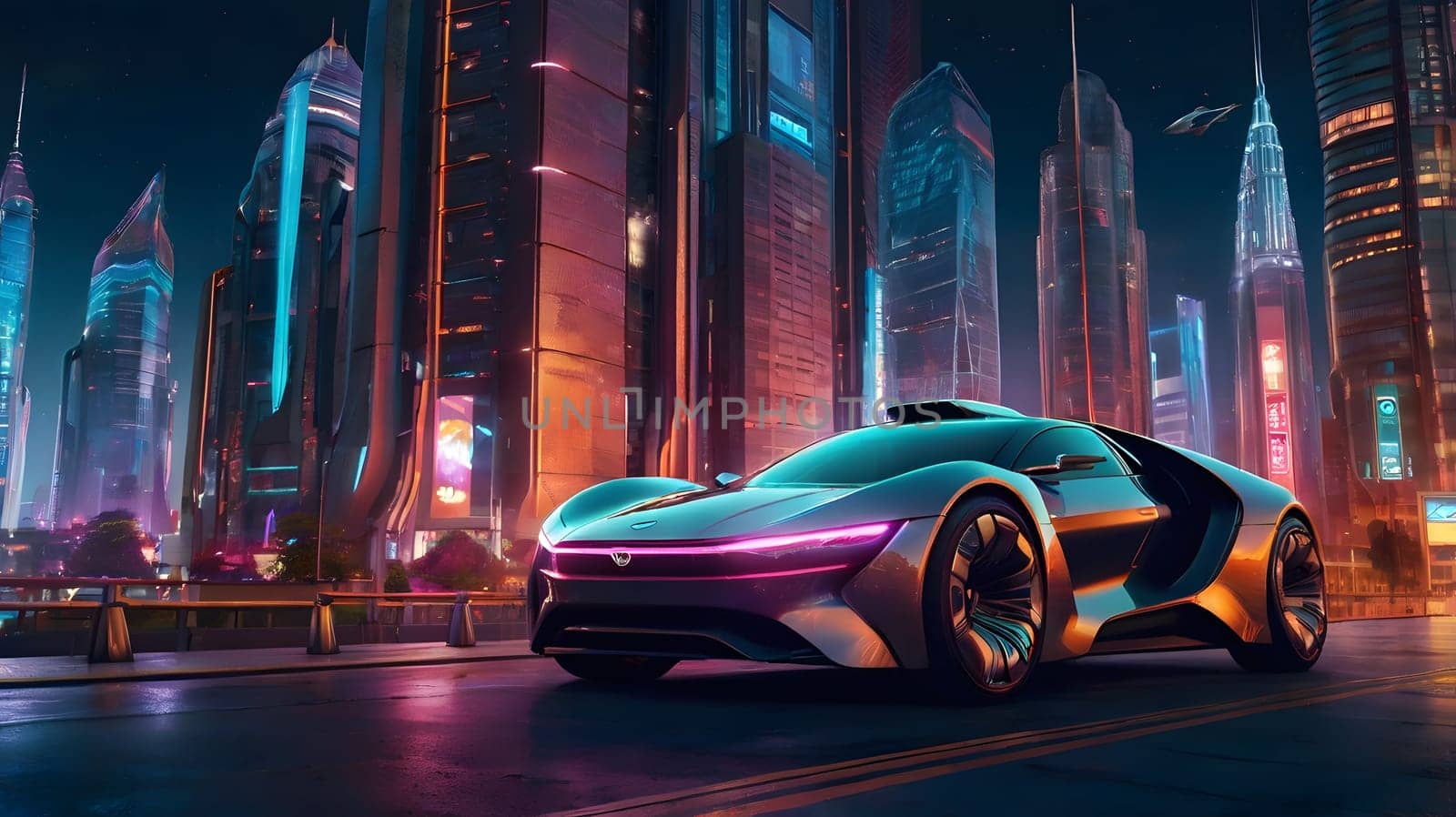 A sleek, silver sports car with glowing pink and purple accents is parked on a street in a futuristic city. The city is lit up with neon lights, and the sky is dark with stars. There are tall buildings and skyscrapers in the background, and a flying vehicle can be seen in the distance.