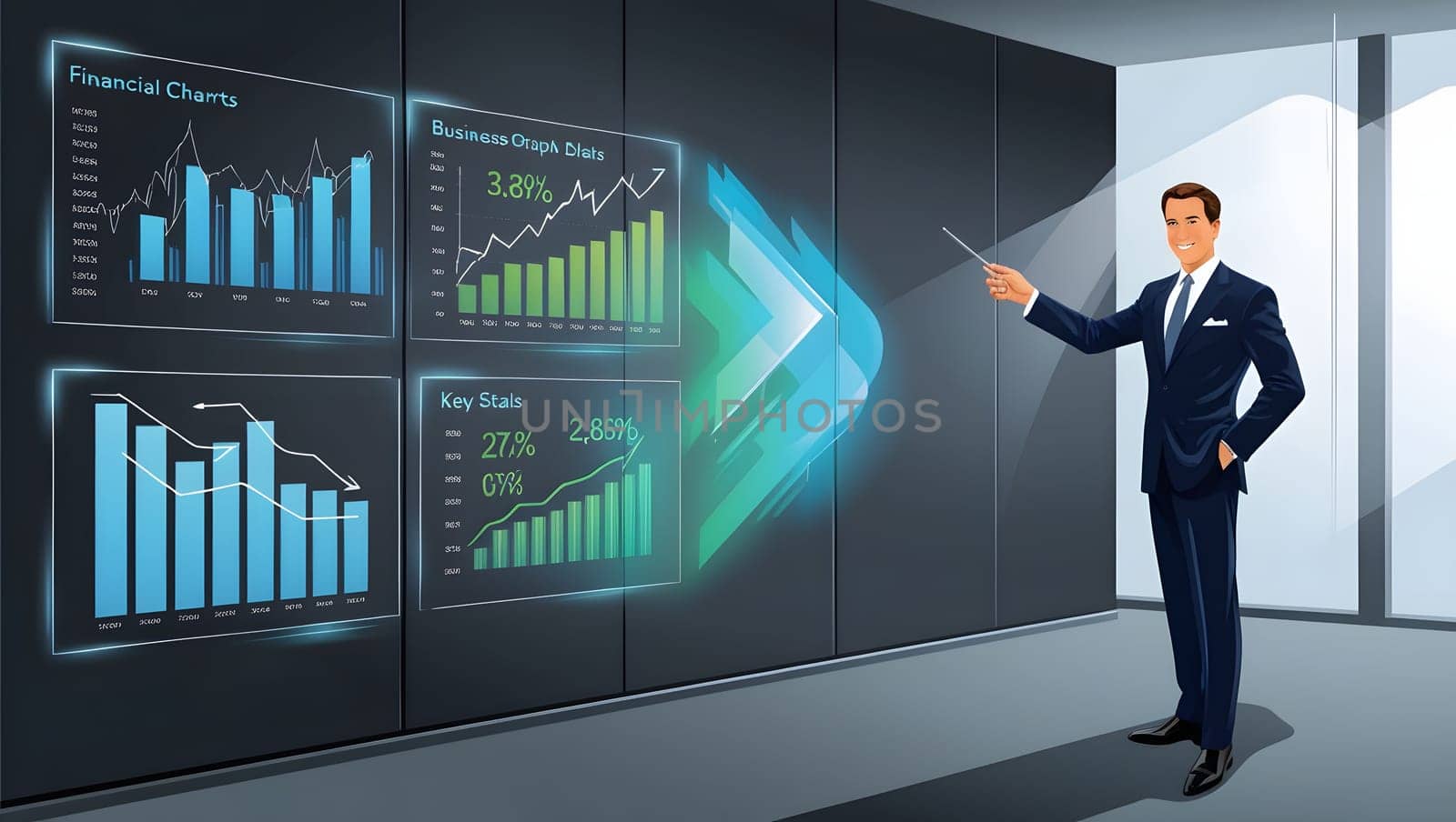 A businessman in a suit stands in front of a large screen, pointing at various charts and graphs. The screen displays financial charts, key statistics, and a large arrow indicating positive growth. The man appears confident as he presents the data to a hypothetical audience.