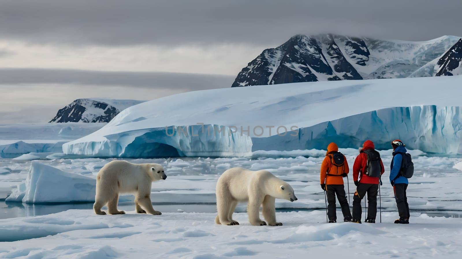 Three people in bright winter gear observe two polar bears walking on a frozen arctic landscape. A massive glacier looms in the background, while the foreground features ice floes, snow, and a vast, white expanse.