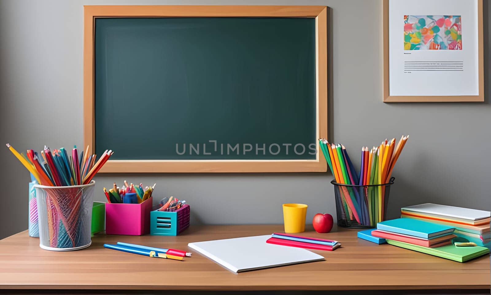 A wooden desk with various school supplies, including pencils, notebooks, a red apple, and a cup, is set against a light grey wall with a chalkboard and a framed picture. The desk is ready for a student to start their day of learning.