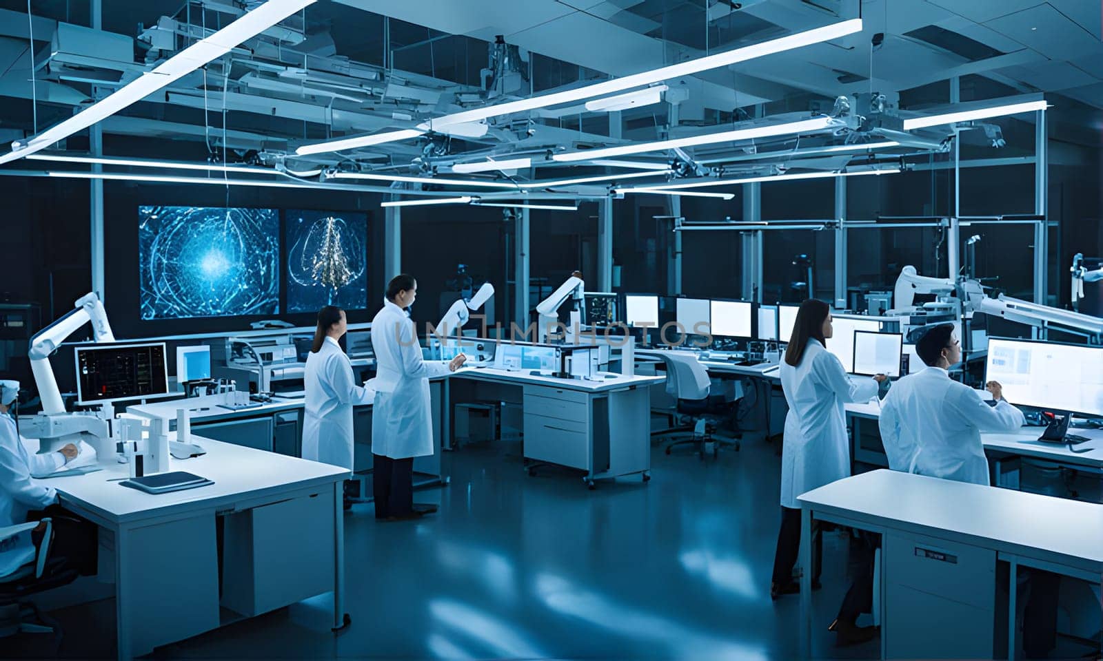 A group of scientists in white lab coats work at workstations in a large, modern laboratory. They are surrounded by high-tech equipment, including computer screens displaying complex data. The lab is well-lit with fluorescent lights, and there is a sense of focus and intensity in the air.
