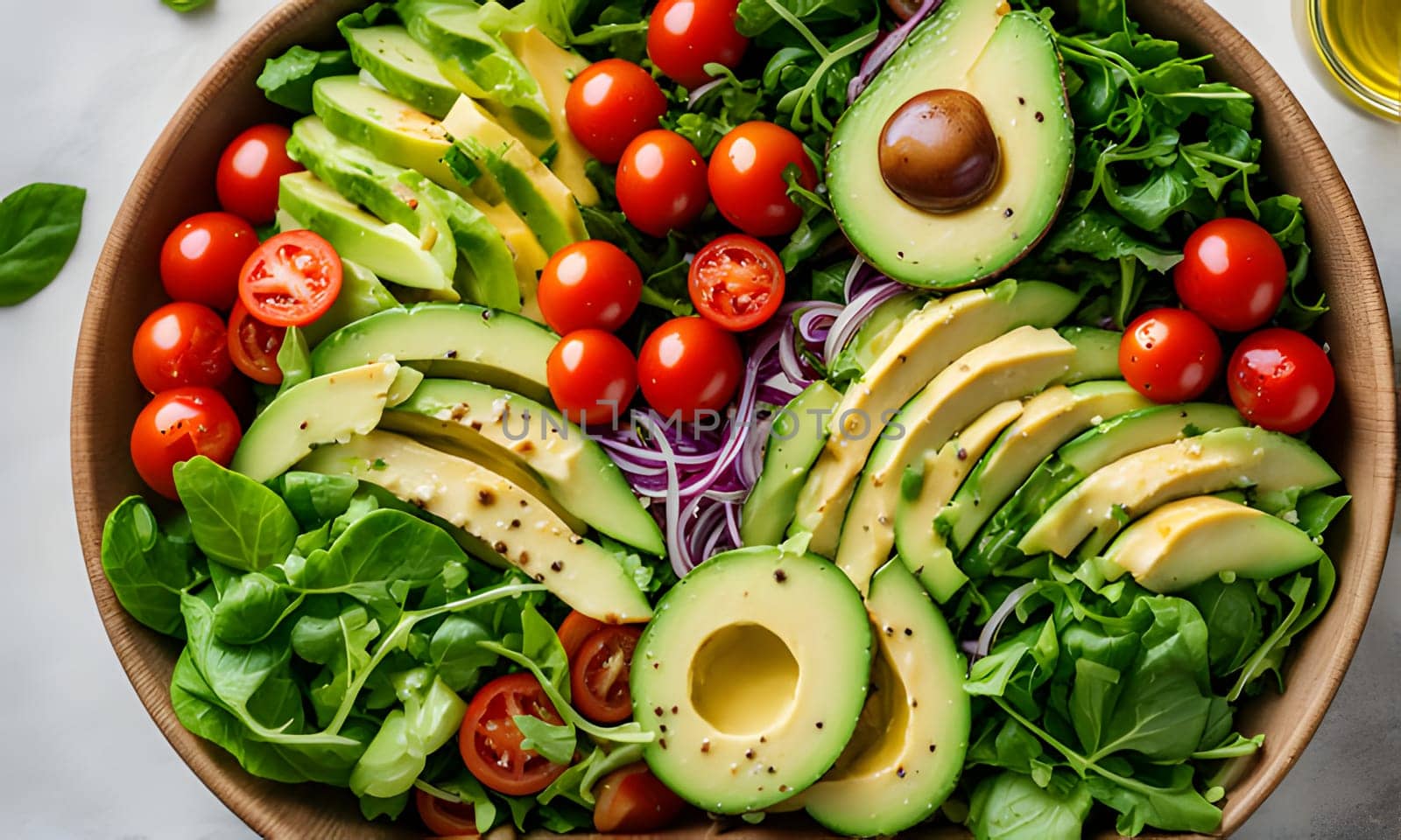 A wooden bowl overflowing with a vibrant salad featuring thinly sliced avocado, cherry tomatoes, mixed greens, and red onion. The salad is seasoned with black pepper and appears to be ready to be enjoyed.
