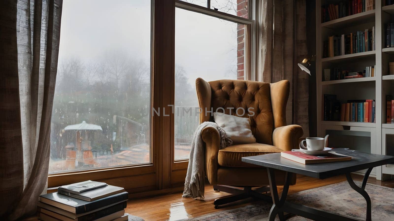 A comfortable brown armchair sits beside a large window with rain falling outside. A blanket is draped across the arm, and a stack of books rests on a small table beside a cup of tea.