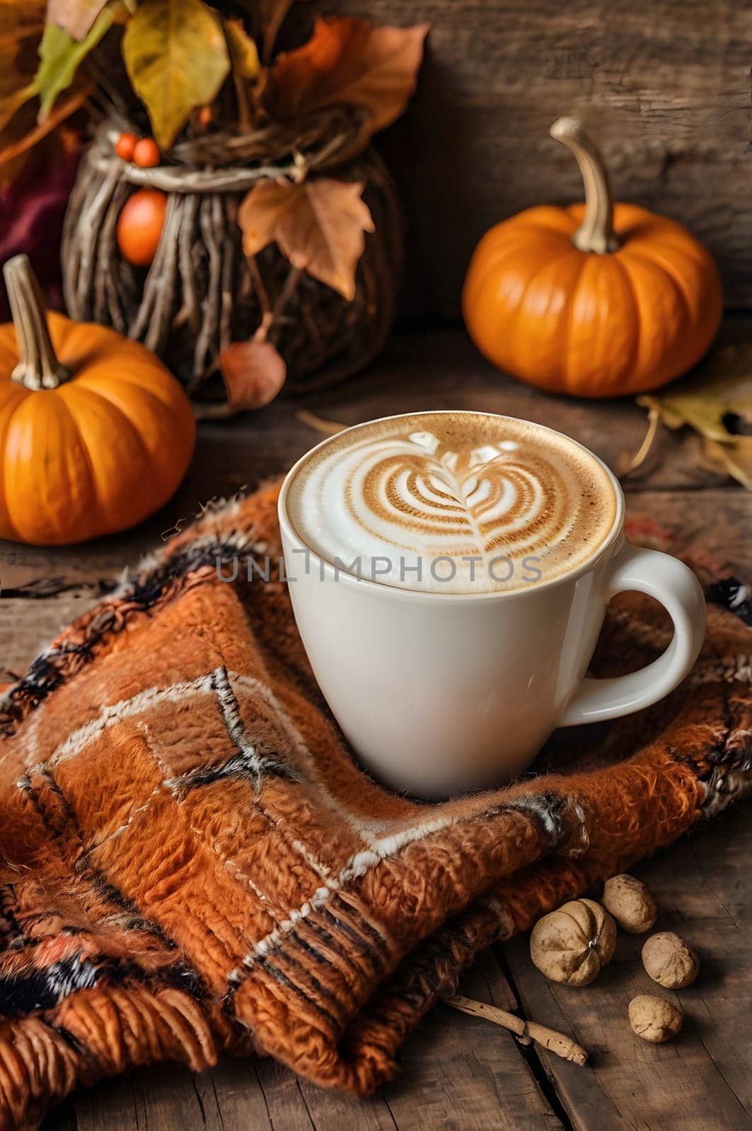 A warm cup of coffee sits on a wooden table with a cozy plaid blanket draped over it. Pumpkins and autumn leaves are scattered around the coffee, creating a beautiful autumnal scene.