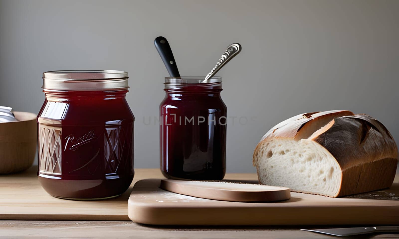 A close-up shot of two jars of homemade blackberry jam, set on a wooden table next to a freshly baked loaf of white bread. A knife and a cutting board sit nearby, suggesting the preparation of a simple and delicious breakfast or snack.