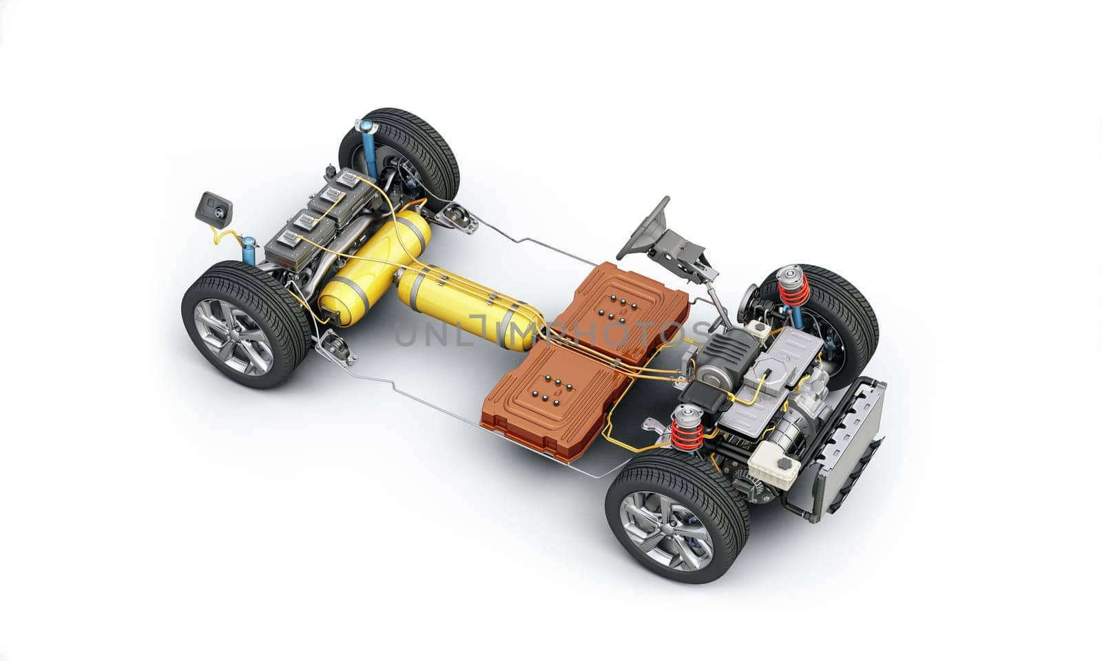 Hydrogen fuel generic car technical cutaway 3d rendering, under carriage with all internal main details of HV system. Perspective bird eye view on white background.