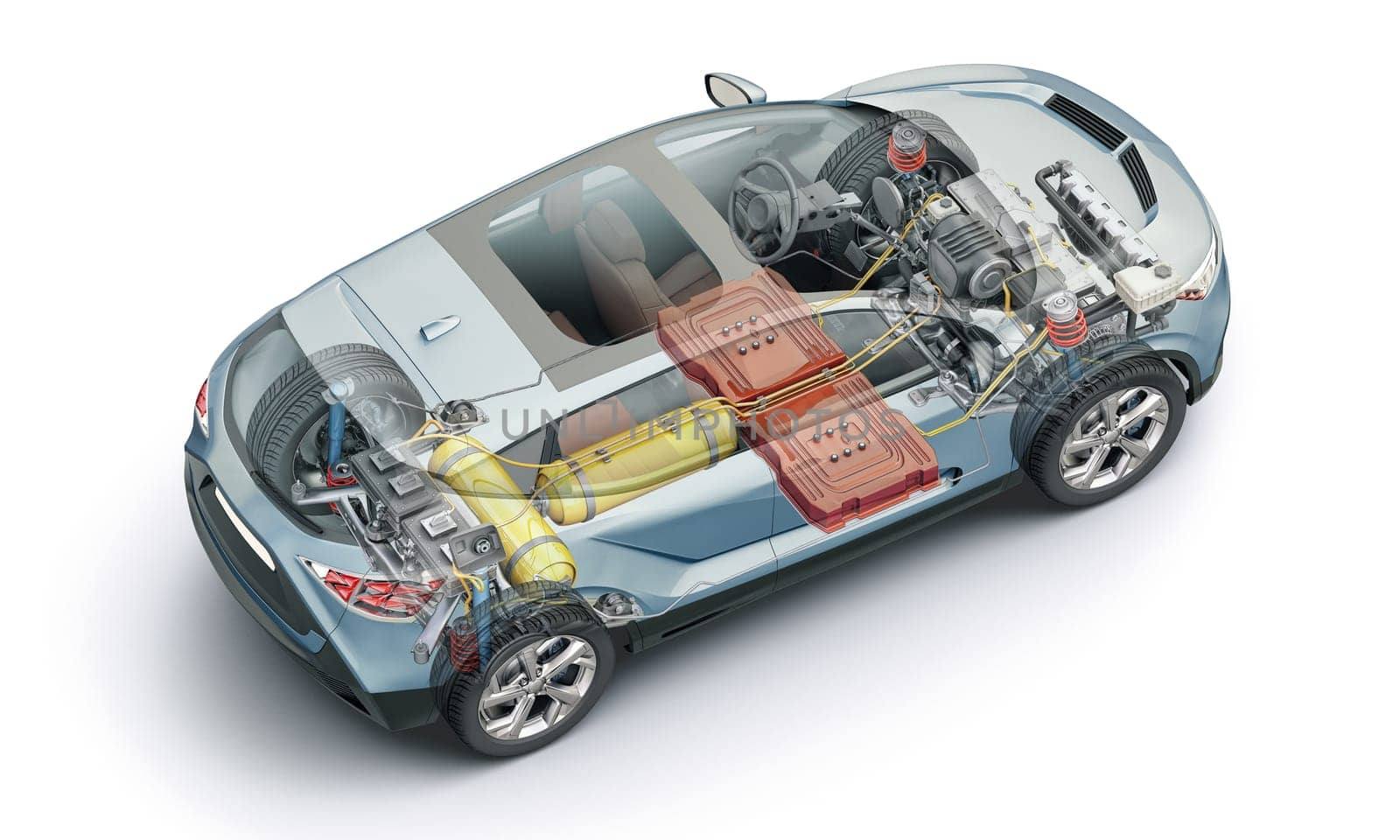 Hydrogen fuel generic car technical cutaway 3d rendering with all main details of HV system in ghost effect. Perspective bird eye view on white background.