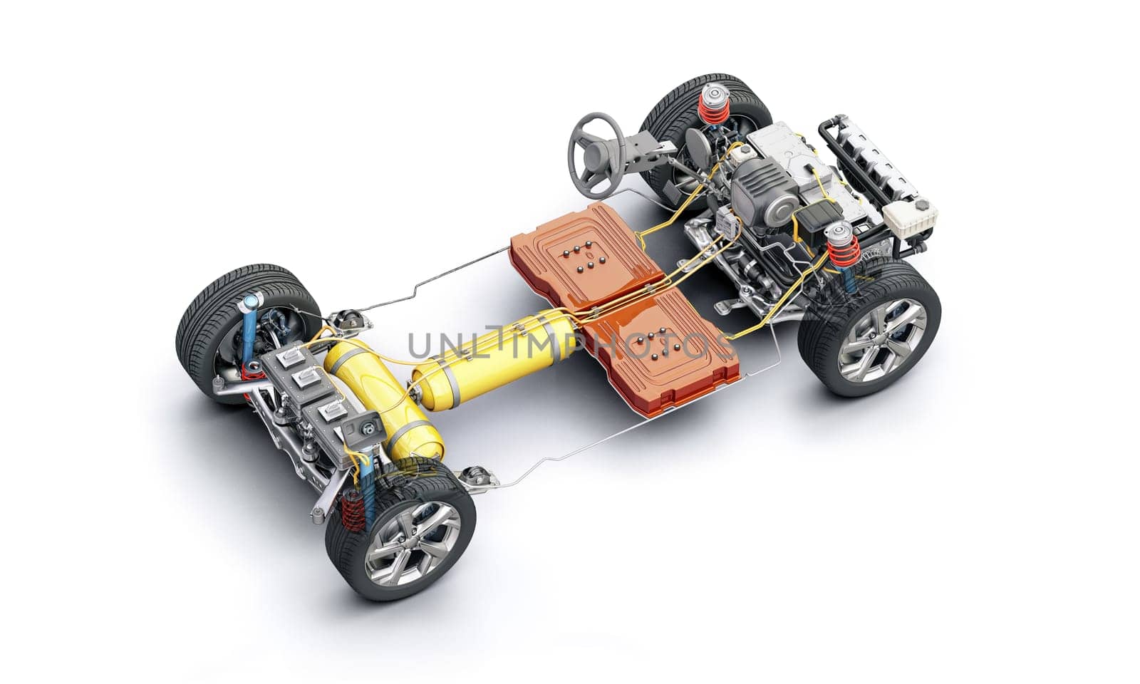 Hydrogen fuel generic car technical cutaway 3d rendering, under carriage with all internal main details of HV system. Perspective bird eye view on white background.