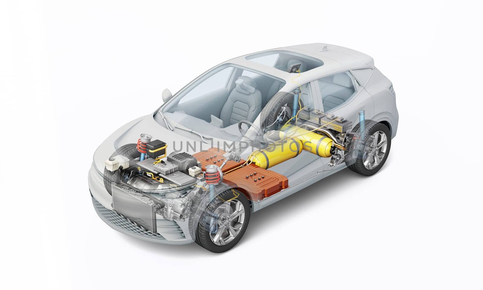 Hydrogen fuel generic car technical cutaway 3d rendering with all main details of HV system in ghost effect. Perspective bird eye view on white background.