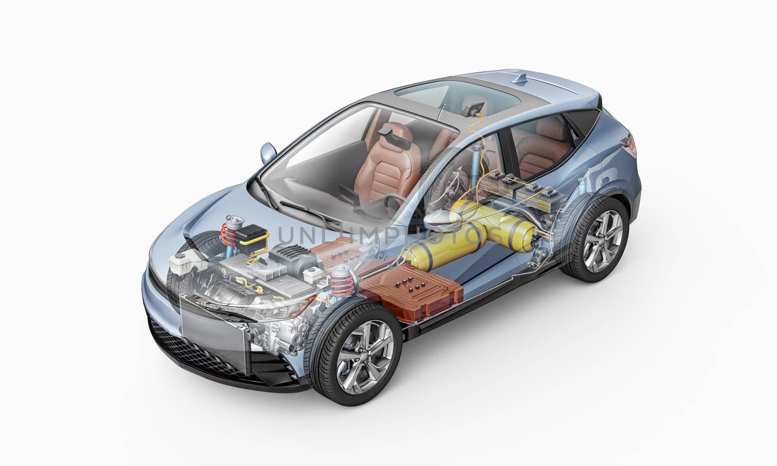 Hydrogen fuel generic car technical cutaway 3d rendering with all main details of HV system in ghost effect. Perspective bird eye view on white background.