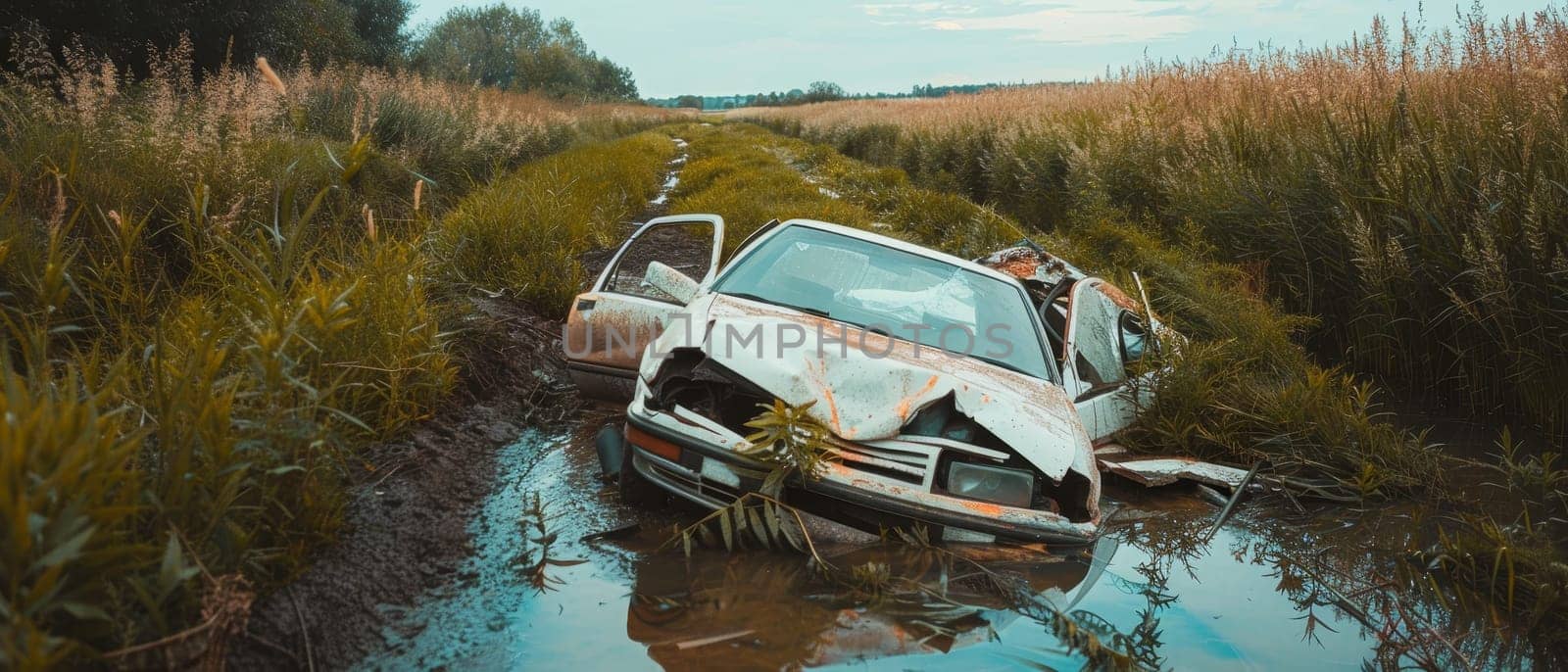 An old rusted car wreck sits forgotten in a field overgrown with weeds and wildflowers