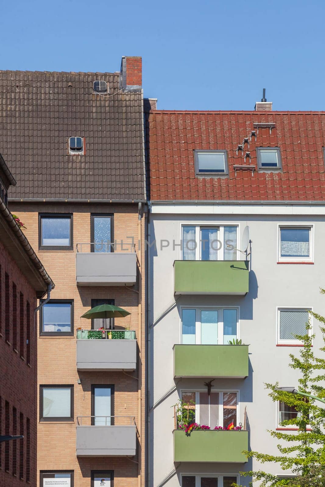 Rear view of monotonous residential building with balconies, Bremerhaven, Bremen, Germany