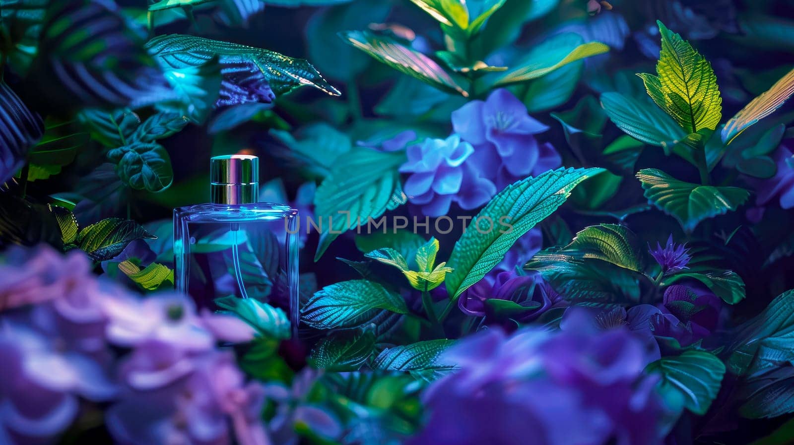 Bottle of fragrance with colorful tropical flowers and plants. AI generated