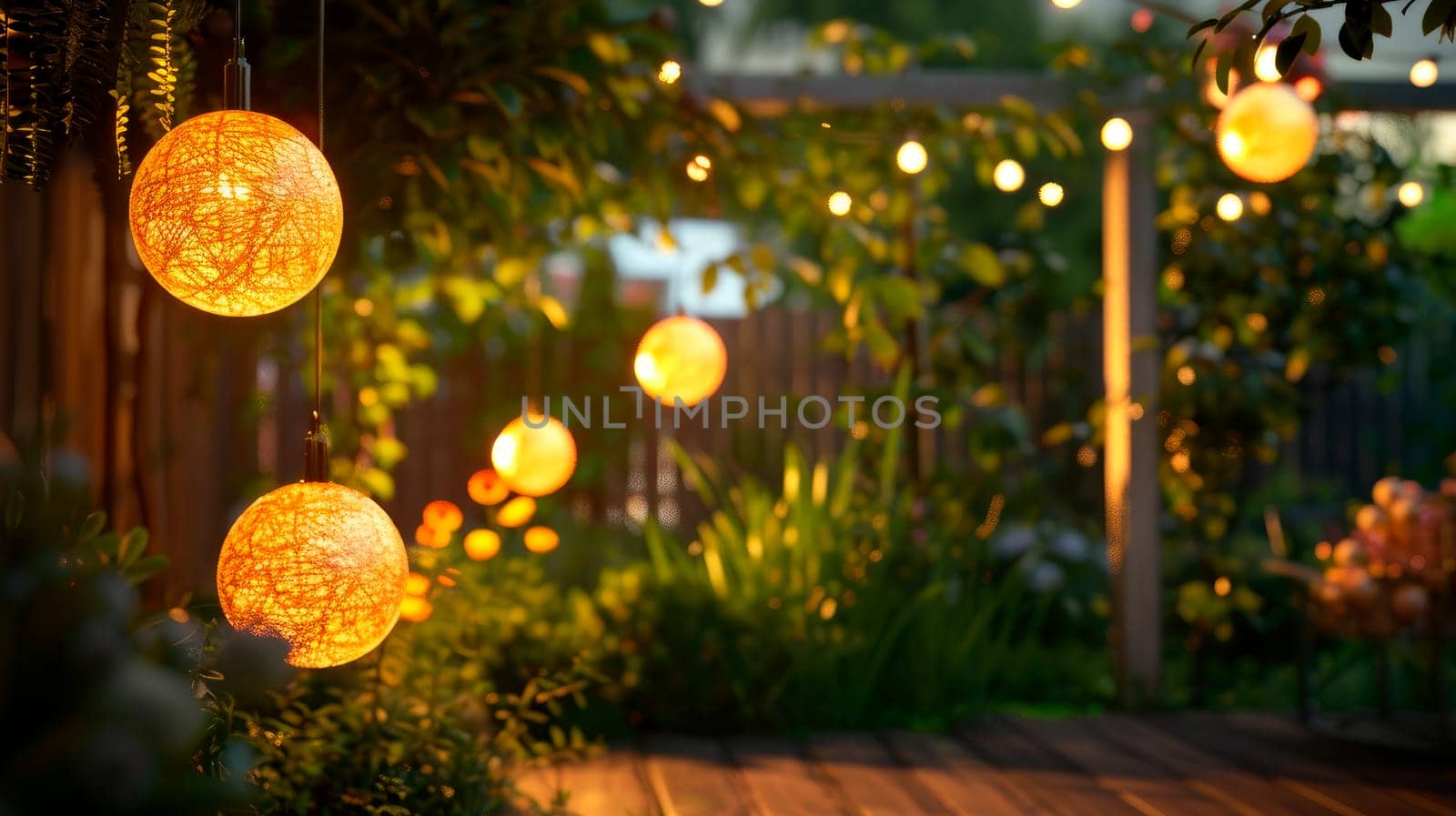 Hanging lanterns in a garden at evening time. Elements of the wedding decor of the night ceremony. AI generated
