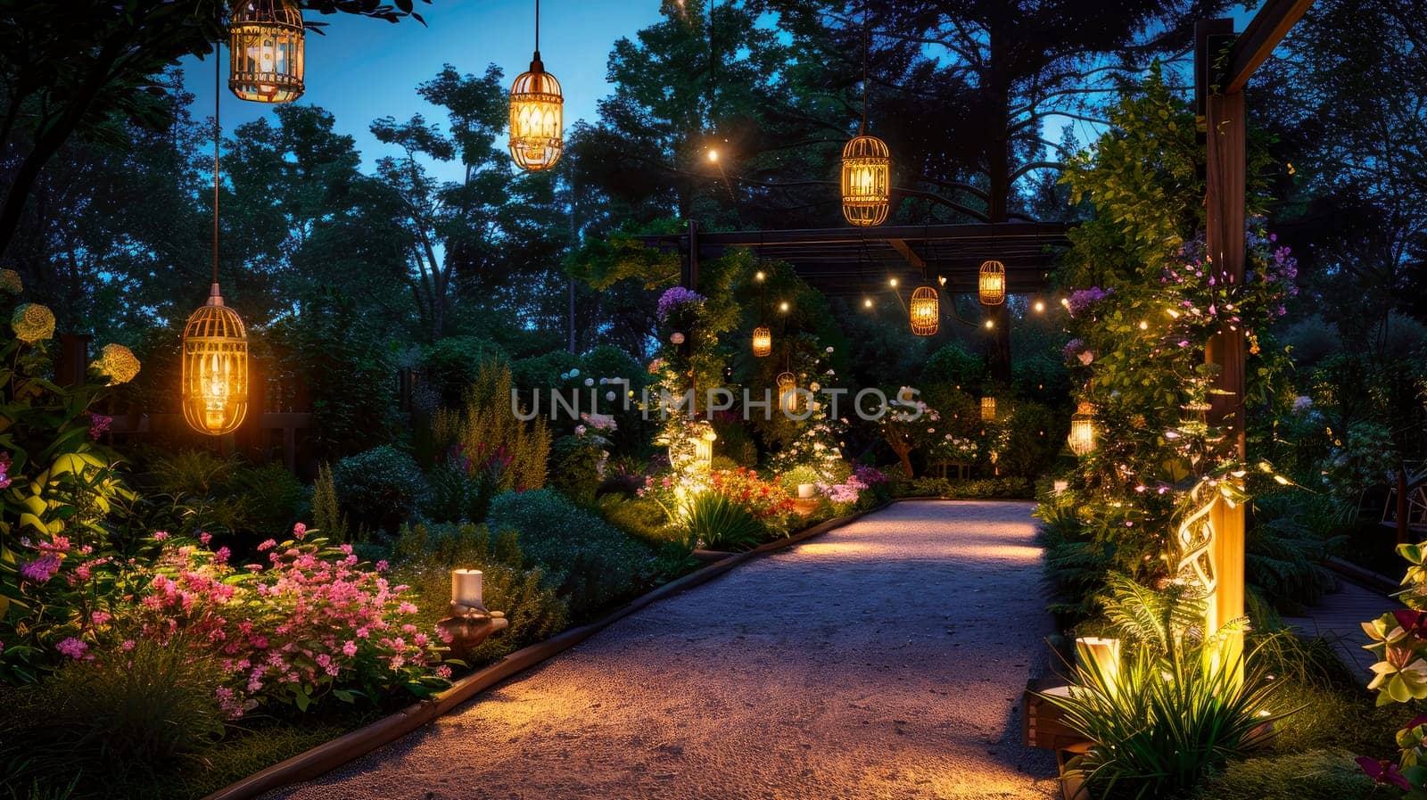 Hanging lanterns in a garden at evening time. Elements of the wedding decor of the night ceremony. AI generated