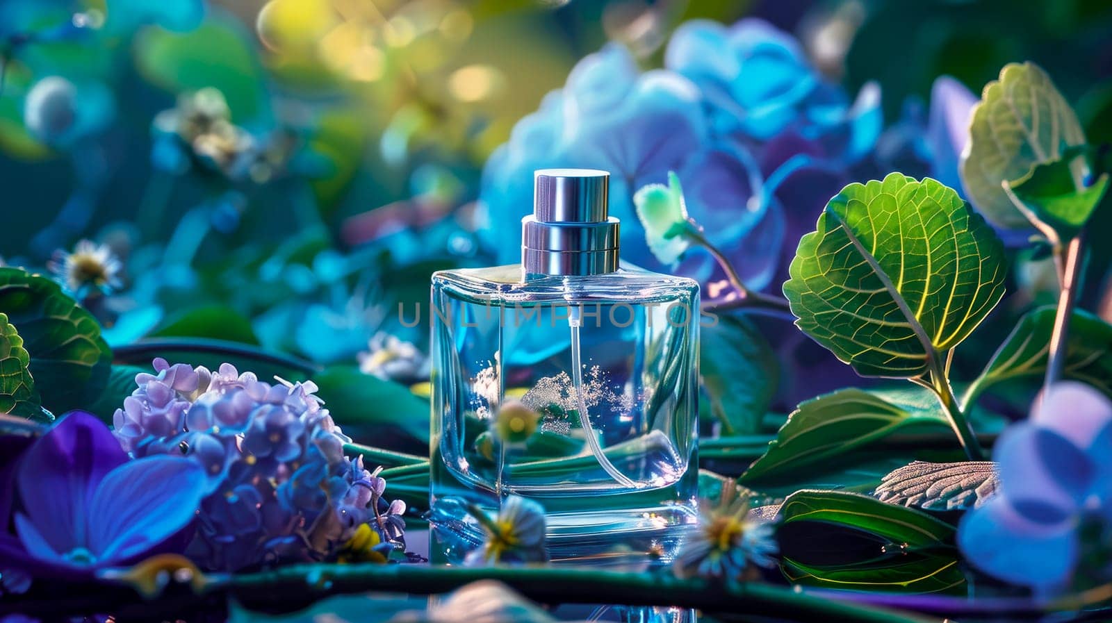 Bottle of perfume with colorful tropical flowers and plants. AI generated