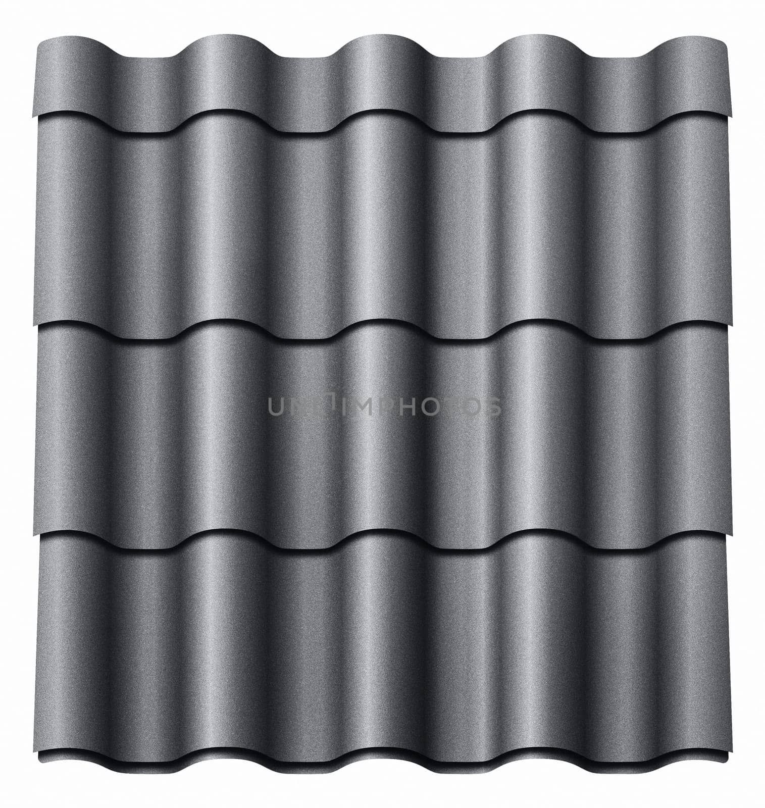 Modular tile effect roof panel. Lightweight galvanised steel roofing sheet isolated on white background. Traditional metal shingle tiles. Popular profiled metallic pantile mimic clay or concrete slate
