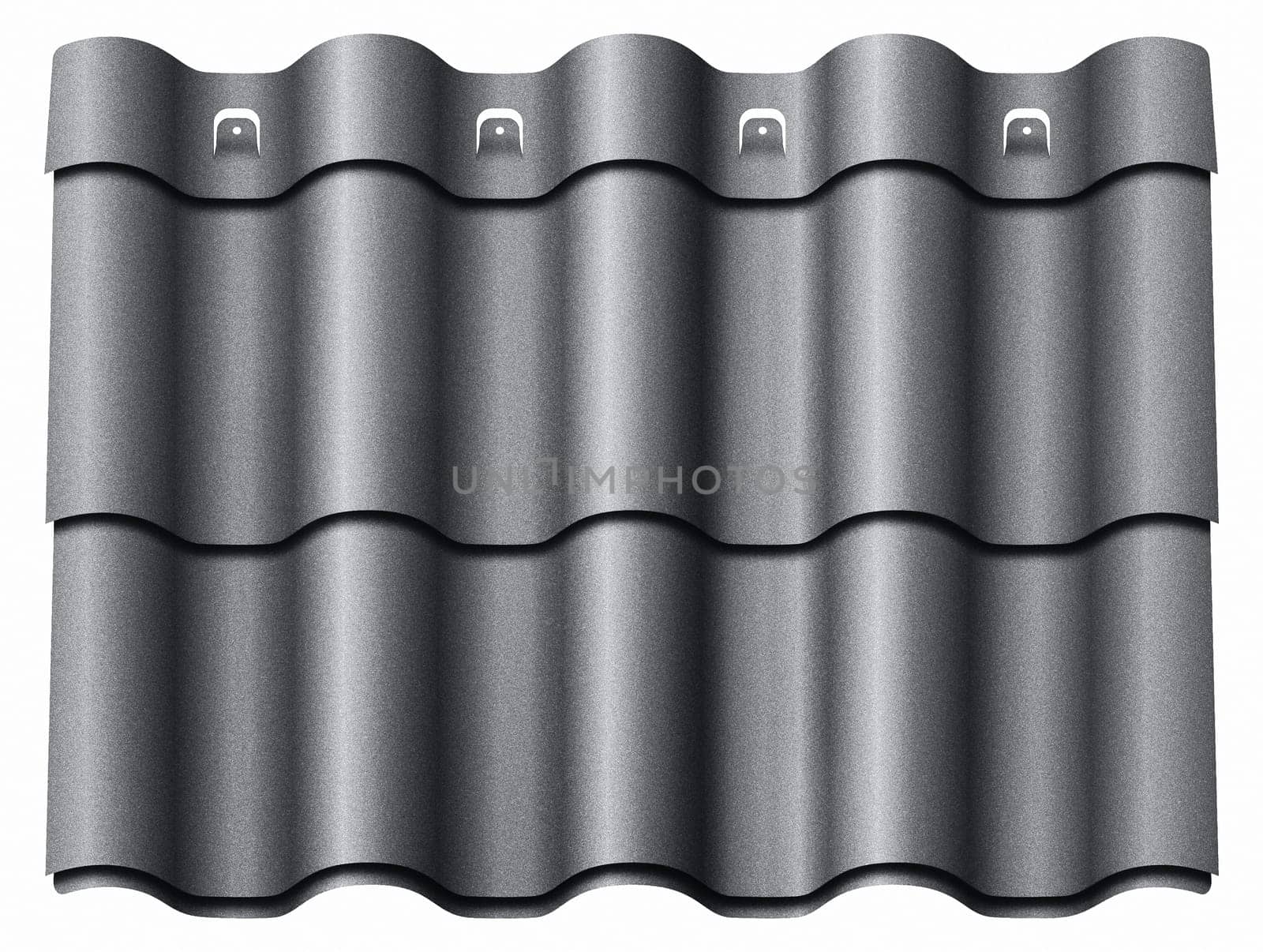 Modular tile effect roof panel. Lightweight galvanised steel roofing sheet isolated on white background. Traditional metal shingle tiles. Popular profiled metallic pantile mimic clay or concrete slate