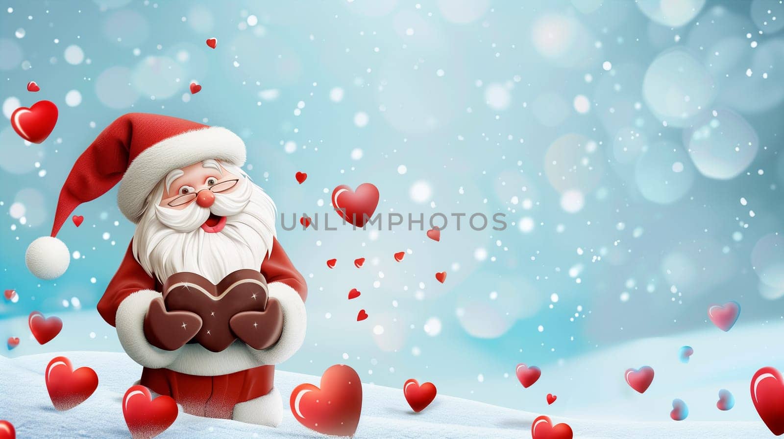 Happy smiling Santa Claus with chocolate heart and snowflakes, winter holiday season, christmas greeting card