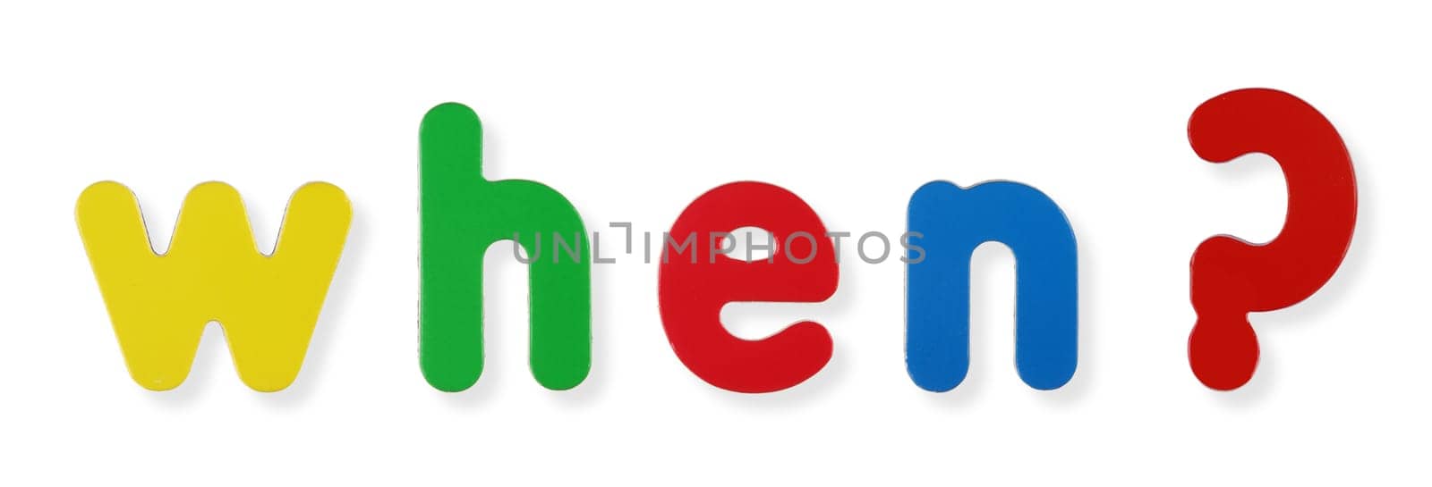 A when word in coloured magnetic letters on white with clipping path to remove shadow