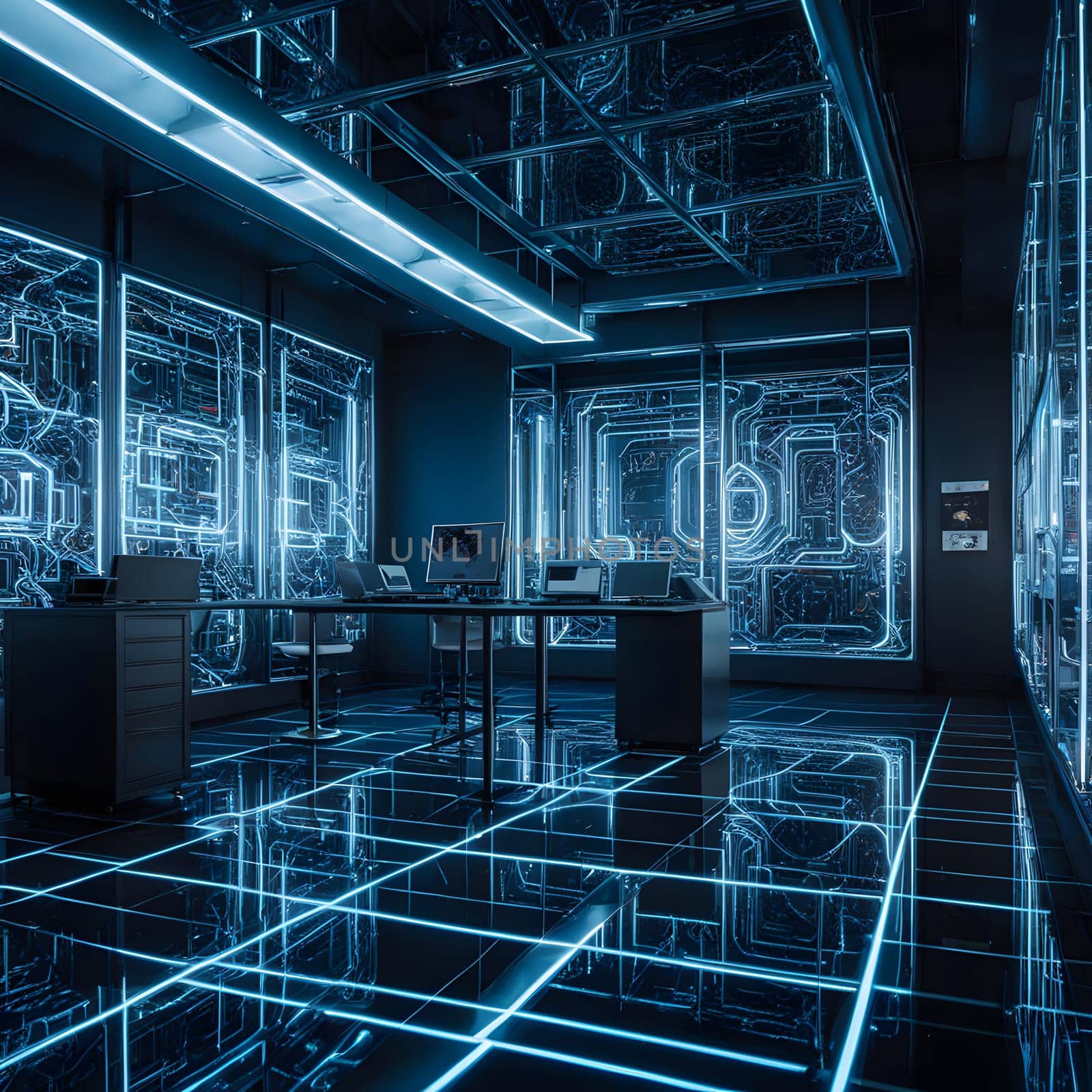 Futuristic Technology Lab with Digital Displays and Advanced Computing Equipment. High quality photo