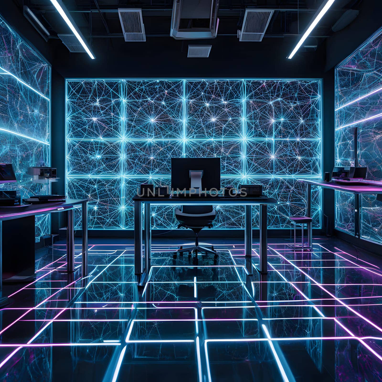 Modern Data Center with Neural Network Visualization and High-Tech Equipment. High quality photo