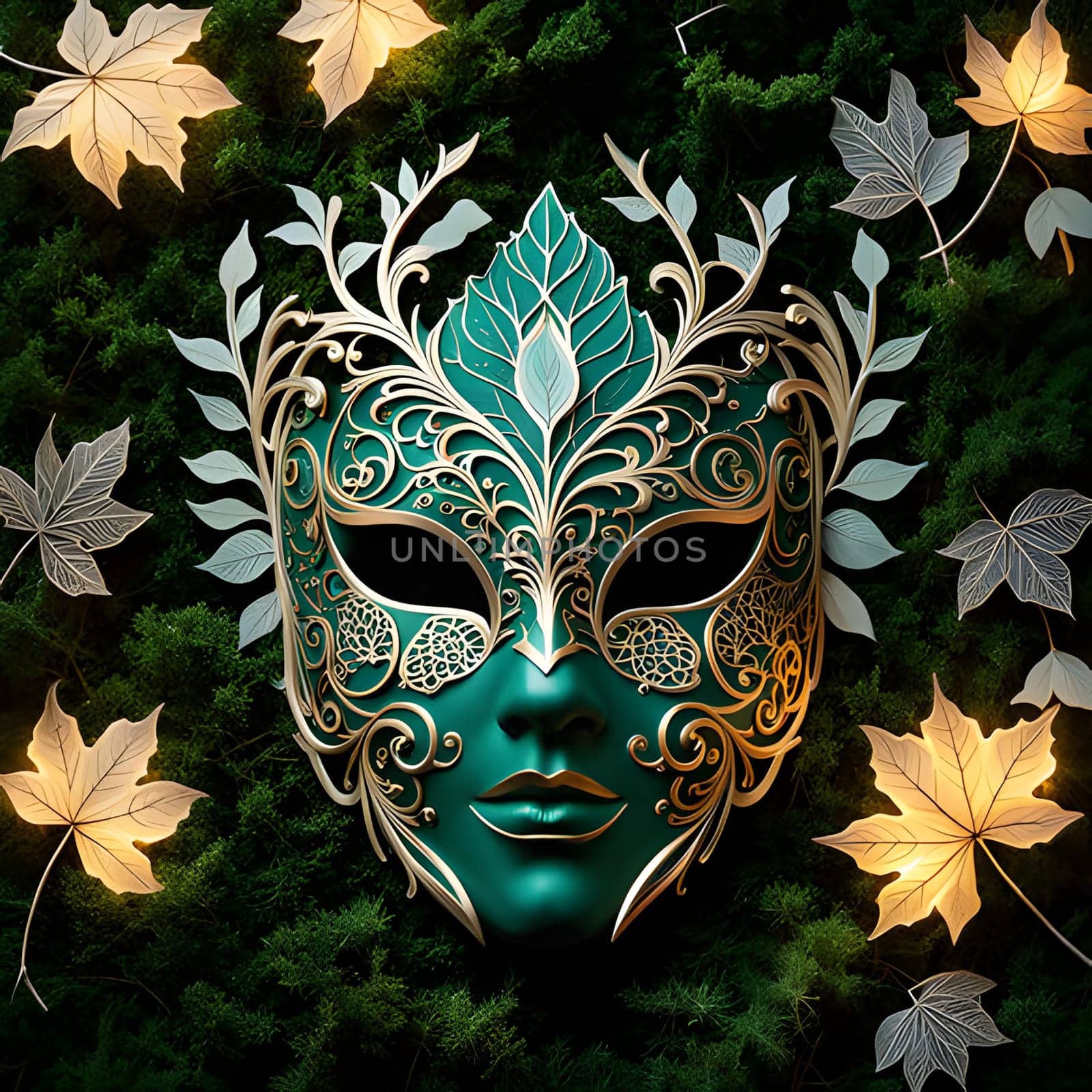 A green and gold Venetian mask with intricate details rests on a bed of moss, surrounded by delicate white leaves and glowing yellow leaves. The mask appears to be made of metal, with a shiny finish, and is decorated with intricate floral designs. The leaves surrounding the mask are illuminated from behind, giving them a soft glow.