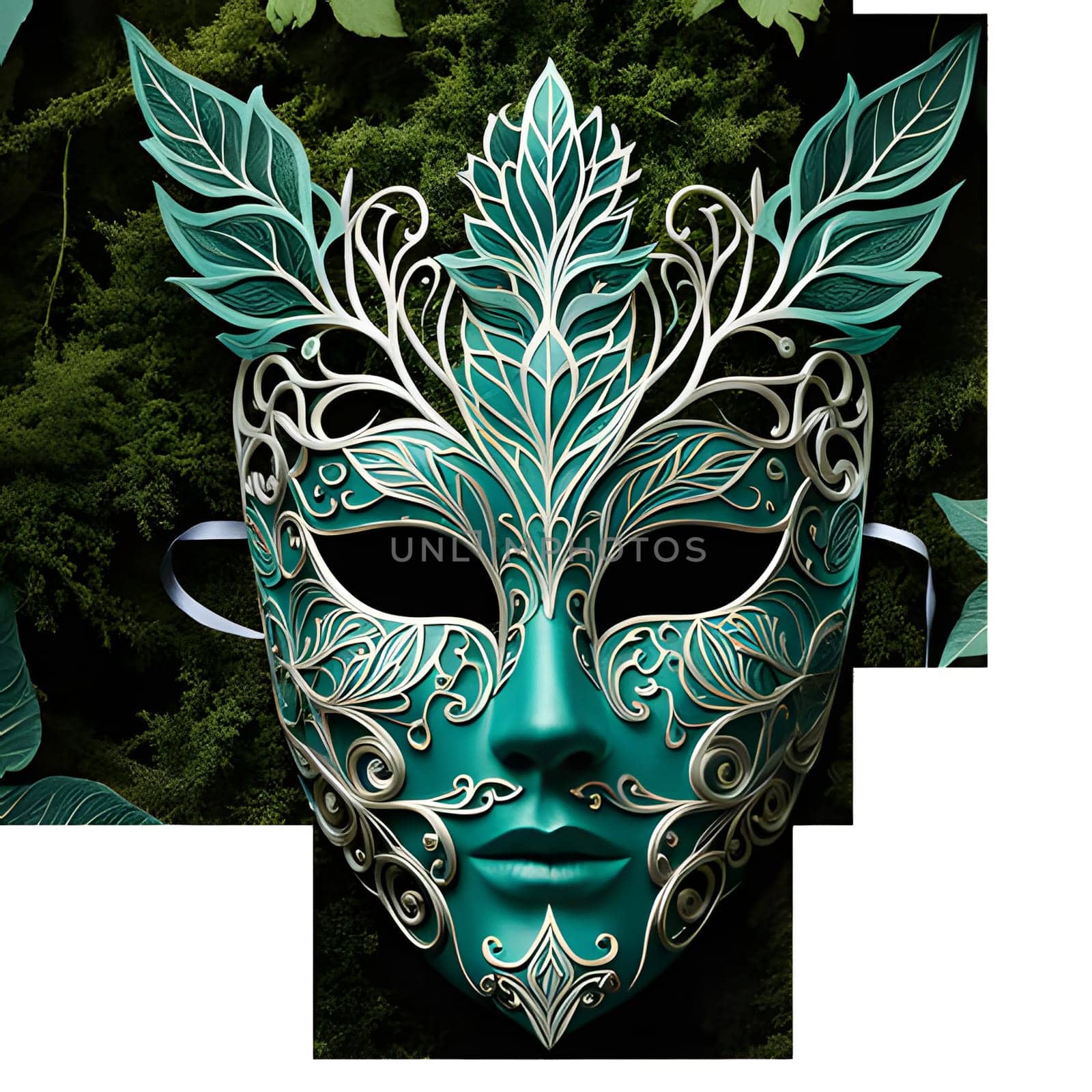 A close-up of a beautiful Venetian masquerade mask, with intricate details and a teal green and silver color scheme. The mask features delicate silver filigree designs and a prominent feather detail, adding a touch of elegance to its appearance.