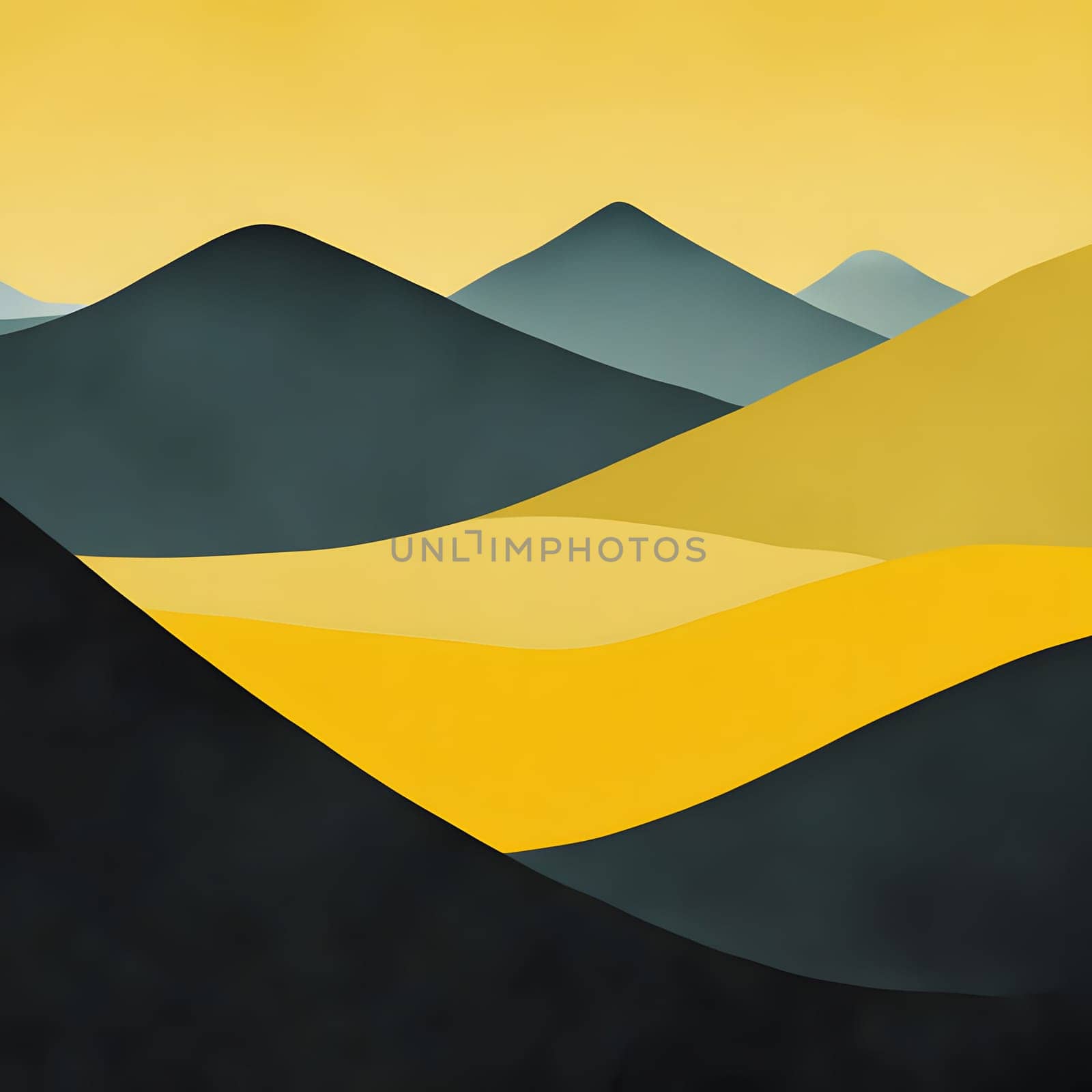 An abstract depiction of a mountain landscape with smooth, flowing hills in shades of yellow and dark blue under a golden sky. The minimalist design highlights the serene beauty of nature.