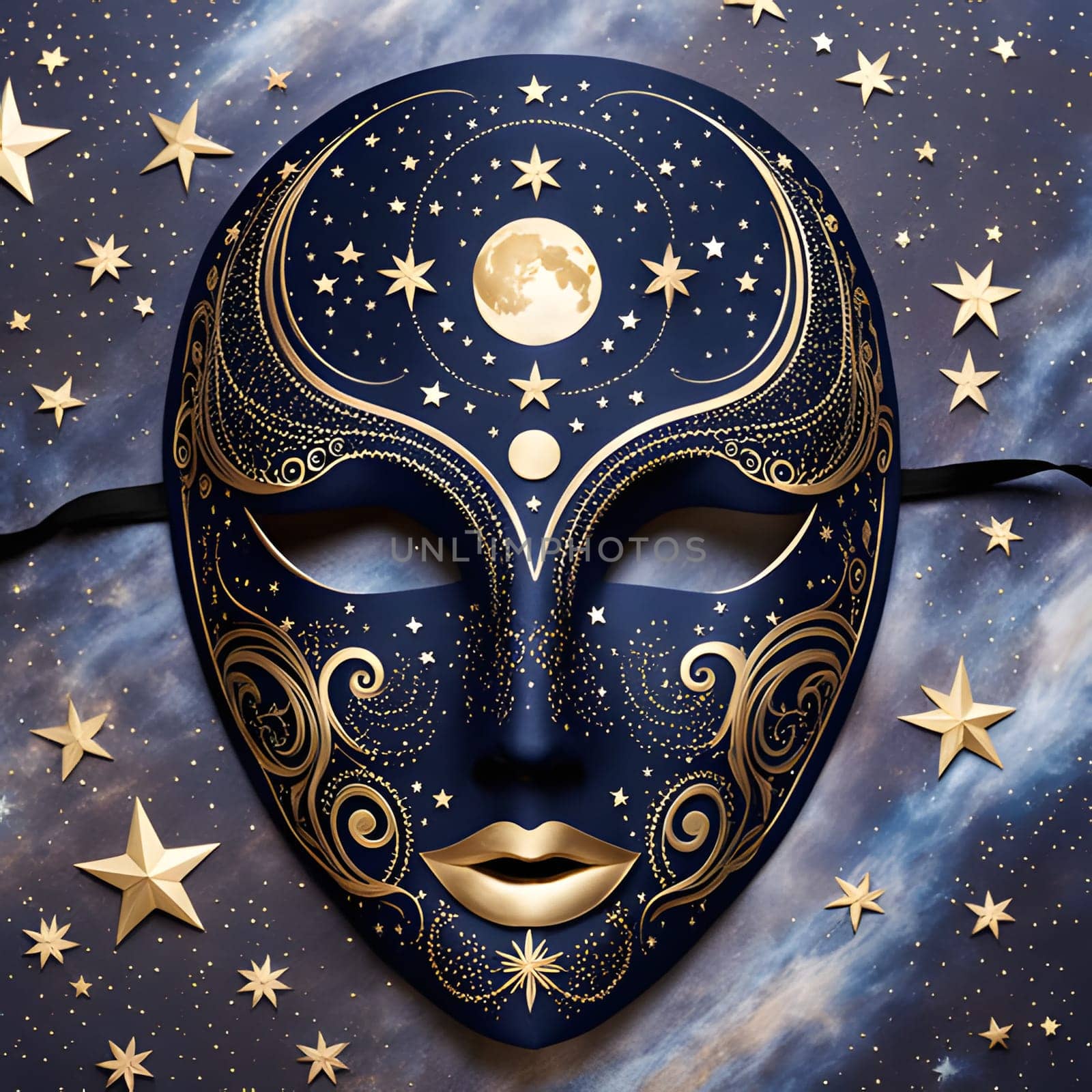 A blue Venetian Carnival mask with gold detailing, depicting a night sky with stars, a crescent moon, and a full moon.