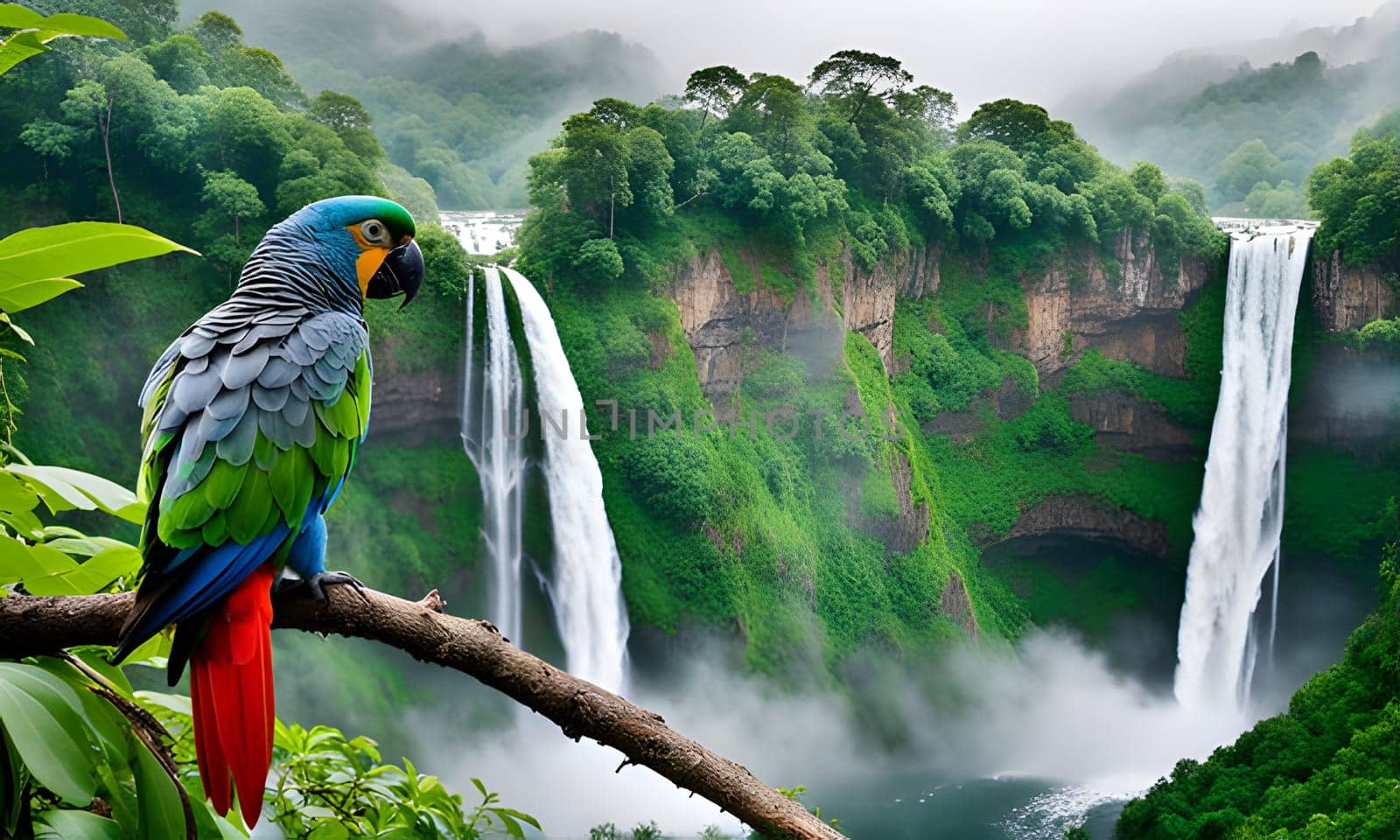 A vibrant parrot with blue, green, and red feathers sits on a branch overlooking a cascading waterfall. The waterfall plunges down a sheer cliff face, surrounded by a dense, verdant forest. The scene is a breathtaking display of nature's beauty, capturing the tranquility and splendor of a tropical rainforest.