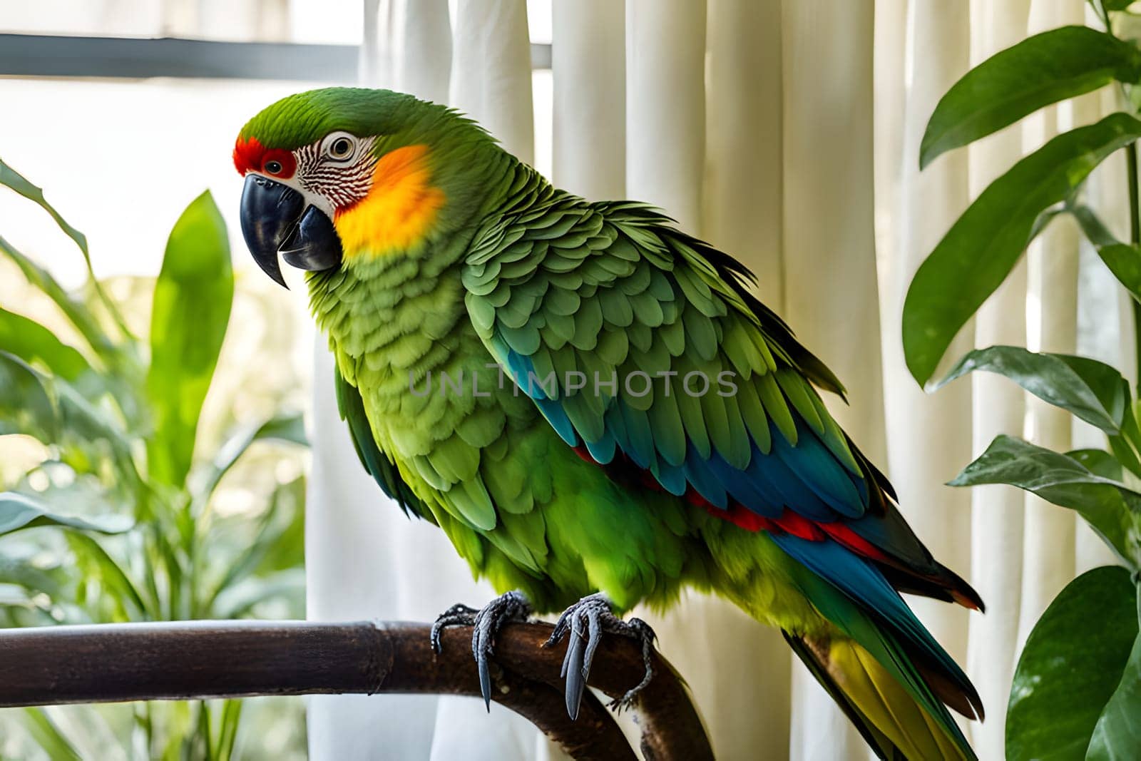 A green-winged macaw with a red forehead, yellow neck, and blue tail feathers perches on a branch near a window. It has its head turned to the side and is looking off to the left. Behind the bird are sheer white curtains and a green leafy plant. The macaw is in a relaxed posture, enjoying its surroundings.