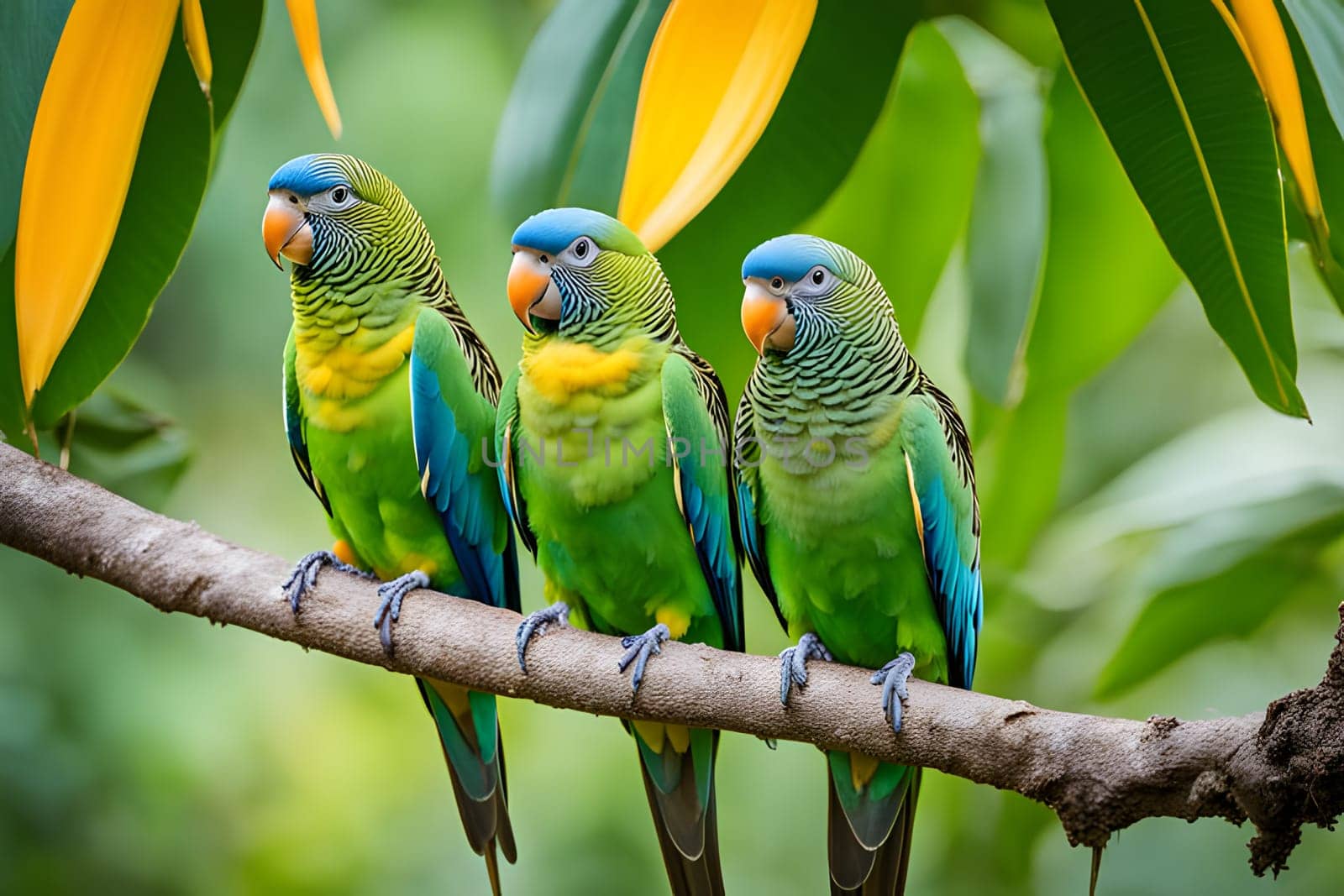 Three colorful green-winged macaws perch on a branch in a tropical forest. They are a vibrant green and blue, with yellow accents on their heads and wings. The lush foliage of the forest is a blurred background, with some leaves partially visible in the foreground. The macaws are looking out at the viewer, their bright eyes and curious expressions giving the impression that they are about to speak.