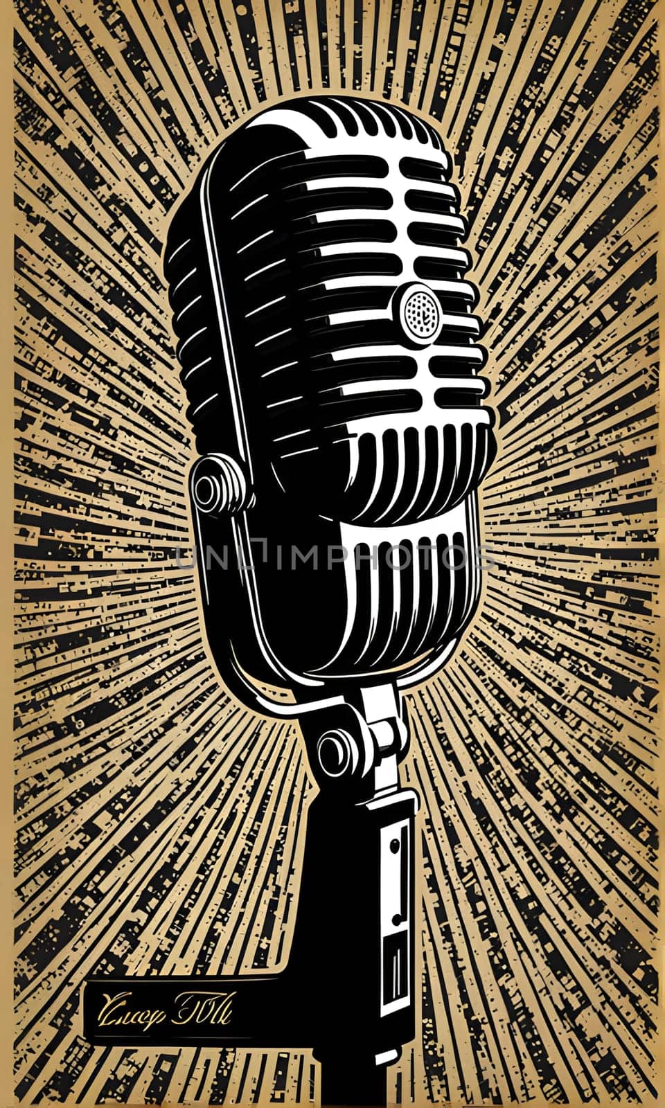 A black and white illustration of a vintage microphone on a brown background with radial lines emanating from the microphone. The background is textured and has a grunge aesthetic.