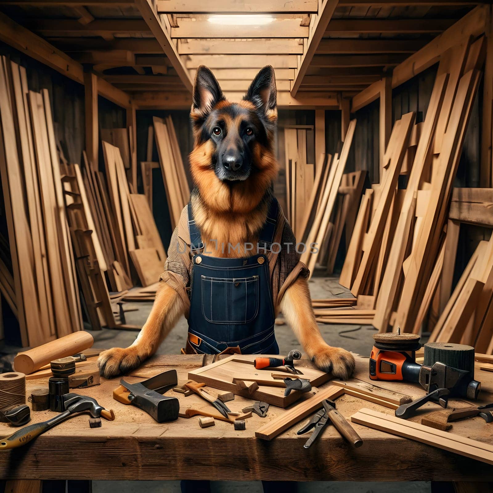A German Shepherd dog, wearing overalls and a brown shirt, stands at a workbench in a woodshop. The dog is looking directly at the camera. A variety of woodworking tools, including a hammer, ruler, and a power sander, are scattered on the workbench. Many wooden planks are stacked against the walls of the shop, creating a background full of wood.