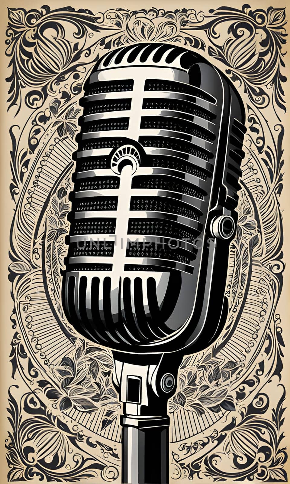 A black and white illustration of a vintage microphone on a background of intricate ornamental patterns. The microphone is positioned in the foreground, with the ornate design framing the image.