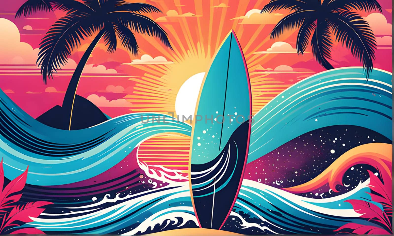 A colorful illustration depicting a surfboard standing upright on a sandy beach at sunset. The background features a vivid sunset sky with palm trees, fluffy clouds, and crashing waves.