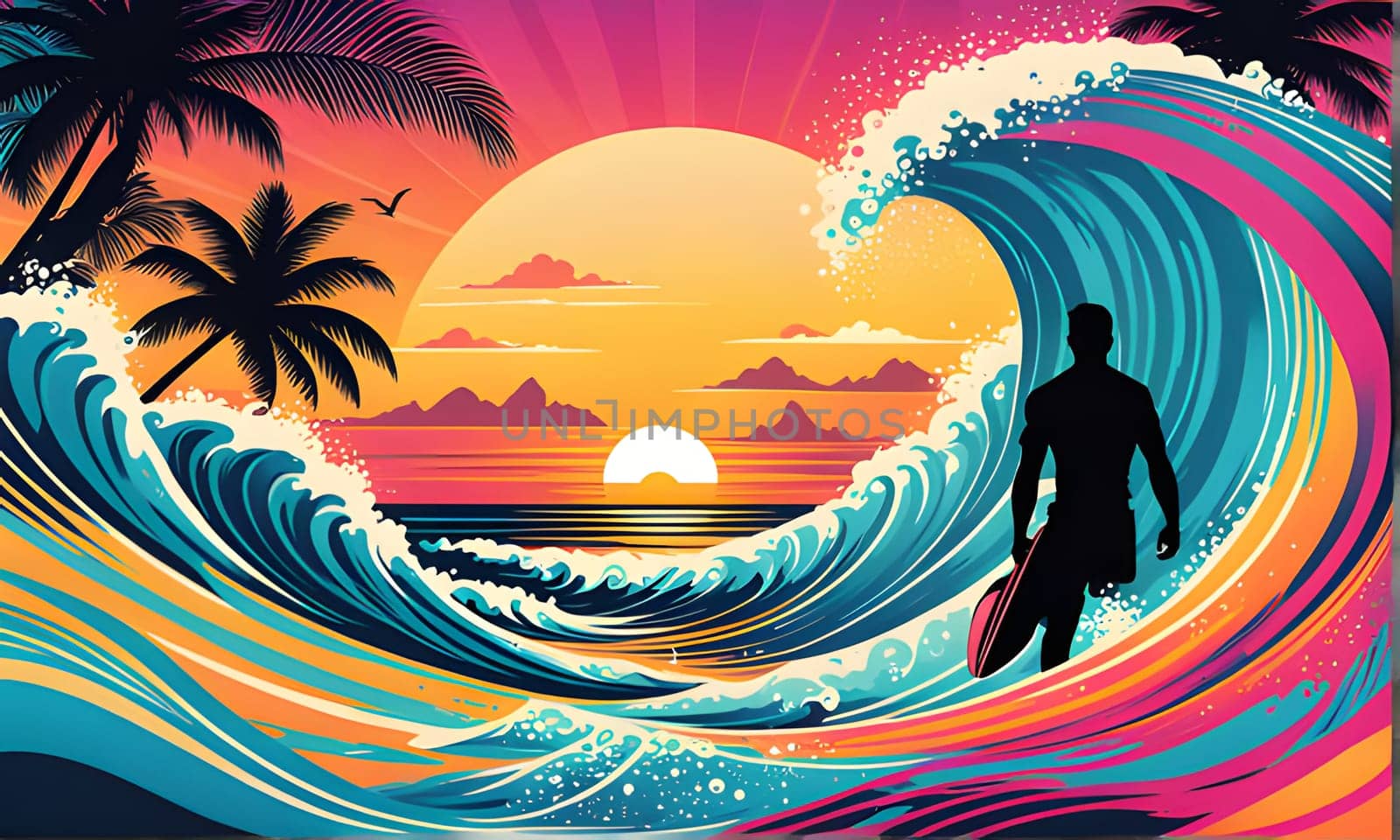 A silhouette of a surfer riding a massive wave with a surfboard in the foreground. The background is a vibrant sunset with palm trees on the shore and mountains in the distance. The wave has colorful streaks of pink, yellow, blue, and green.