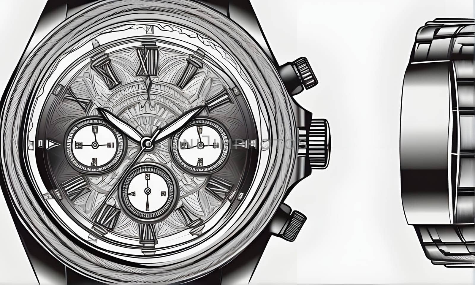 A detailed black and white illustration of a chronograph wristwatch. The watch features Roman numerals, three sub-dials, and a detailed, patterned face. The image also includes a partial view of the watch's band.
