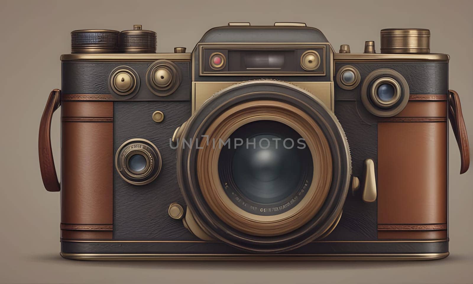 A close-up view of a vintage 35mm rangefinder camera with a leather covering and brass accents. The camera is in focus, with the lens facing the viewer.