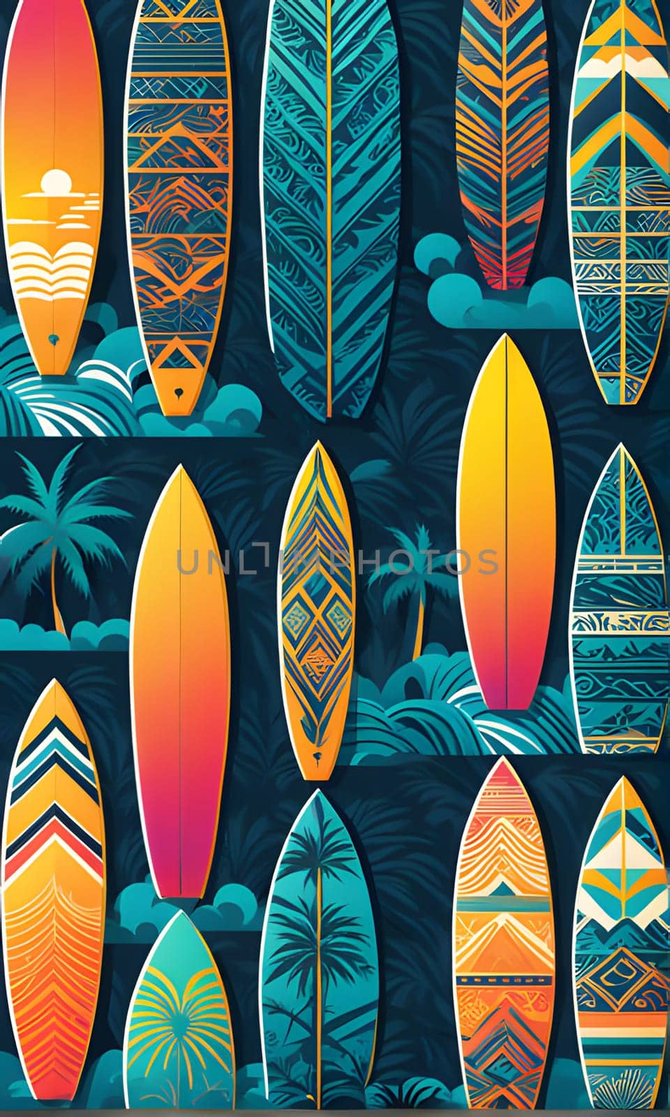This illustration showcases a variety of surfboards with vibrant, intricate designs, set against a backdrop of tropical foliage and ocean waves. Each surfboard boasts a unique pattern, ranging from geometric shapes to stylized palm trees and ocean scenes, reflecting the beauty and excitement of surfing culture.