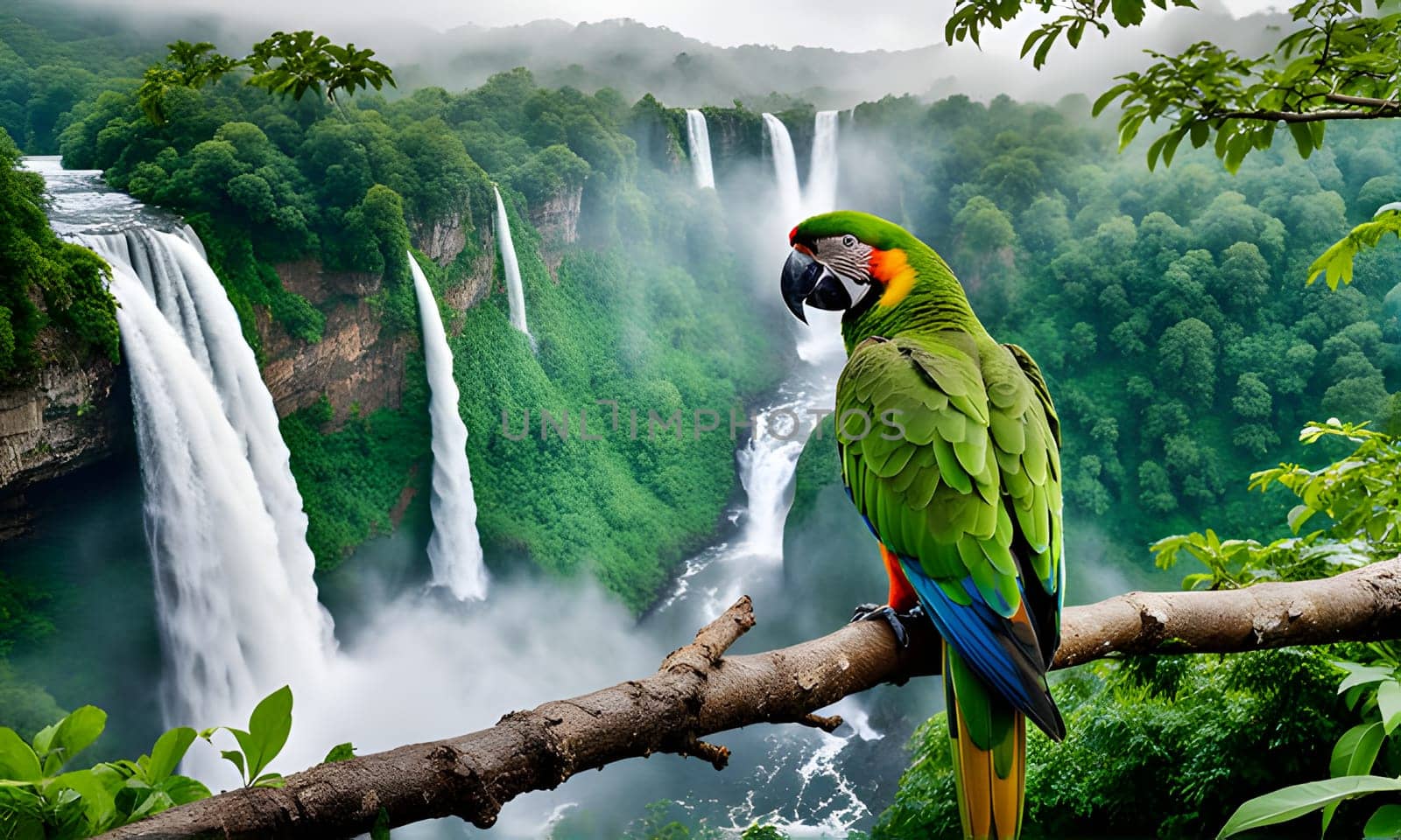 A vibrant green parrot with yellow, red, and blue accents perches on a branch overlooking a majestic waterfall cascading down a rocky cliff face. Lush green rainforest foliage surrounds the scene, creating a breathtakingly beautiful natural vista.