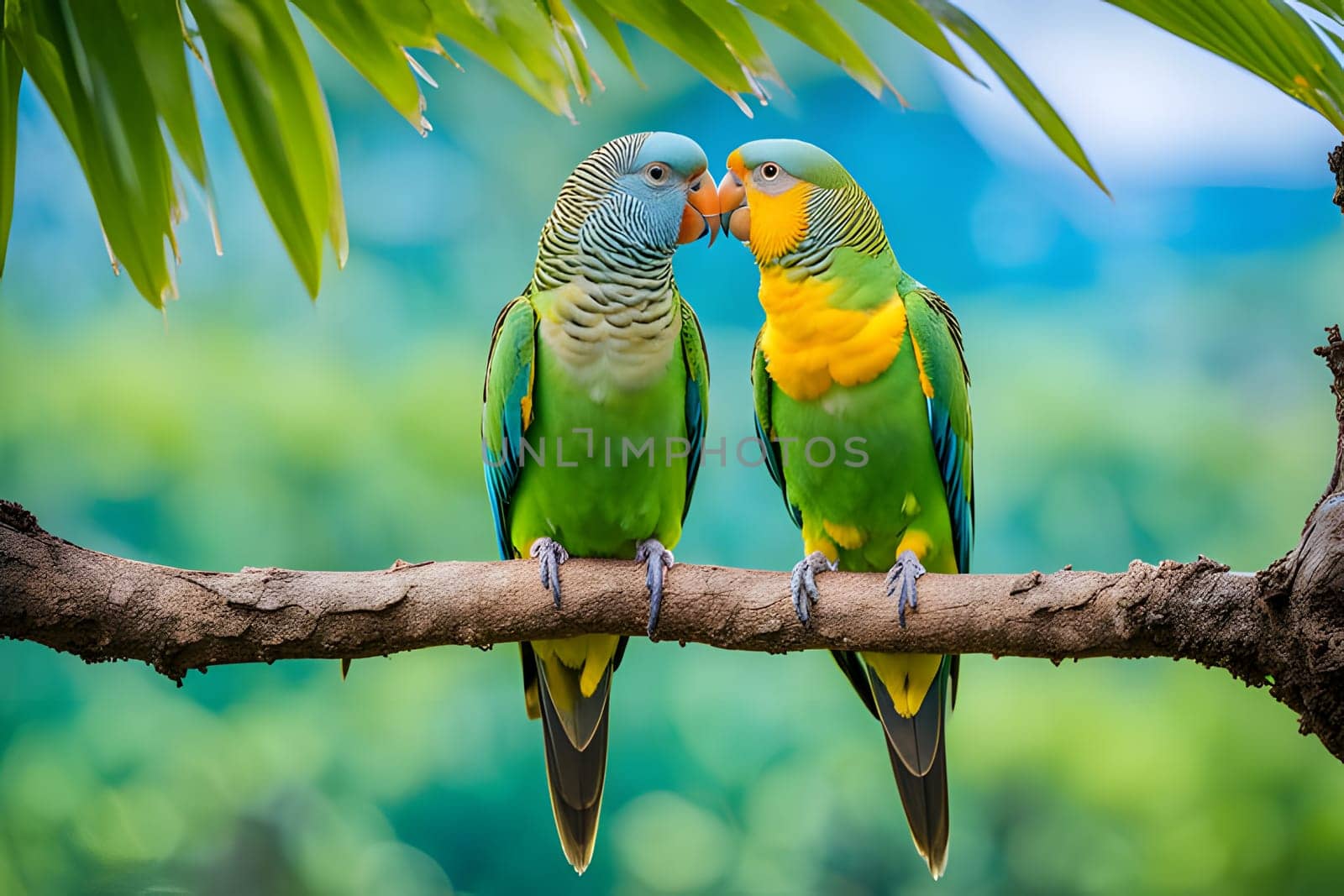 Two green and yellow parrots are perched on a branch. The parrot on the left has a blue head and is looking at the parrot on the right, which is looking off to the side. The parrots are surrounded by lush green foliage.