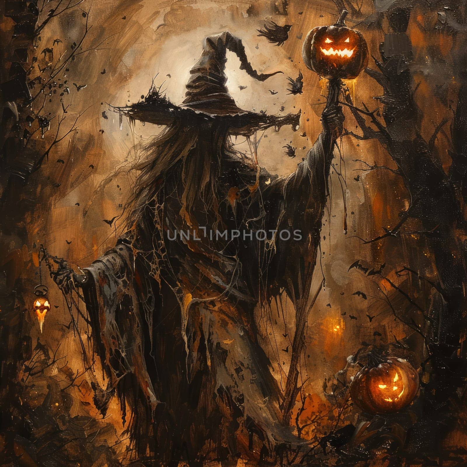 Witch in pointed hat standing in the background of Halloween landscape, pumpkins with glowing eyes and smiles, fog, dark background, flying bats