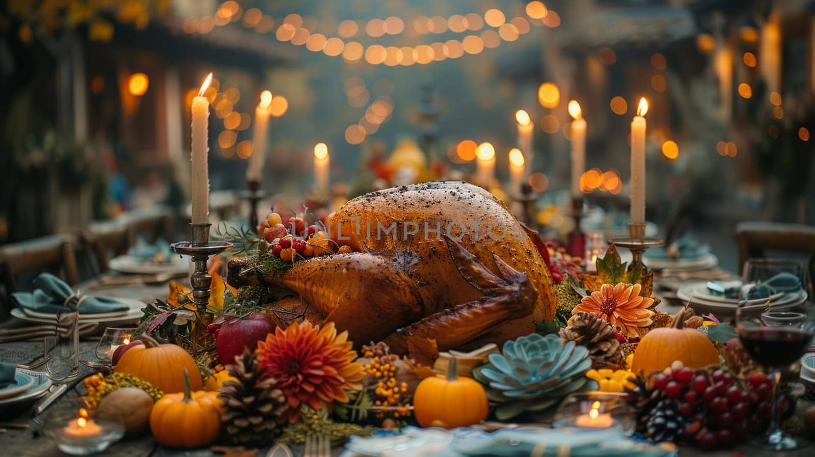 A luxuriously laid table with candles and traditional dishes, ready to welcome guests. Rustic Thanksgiving table setting